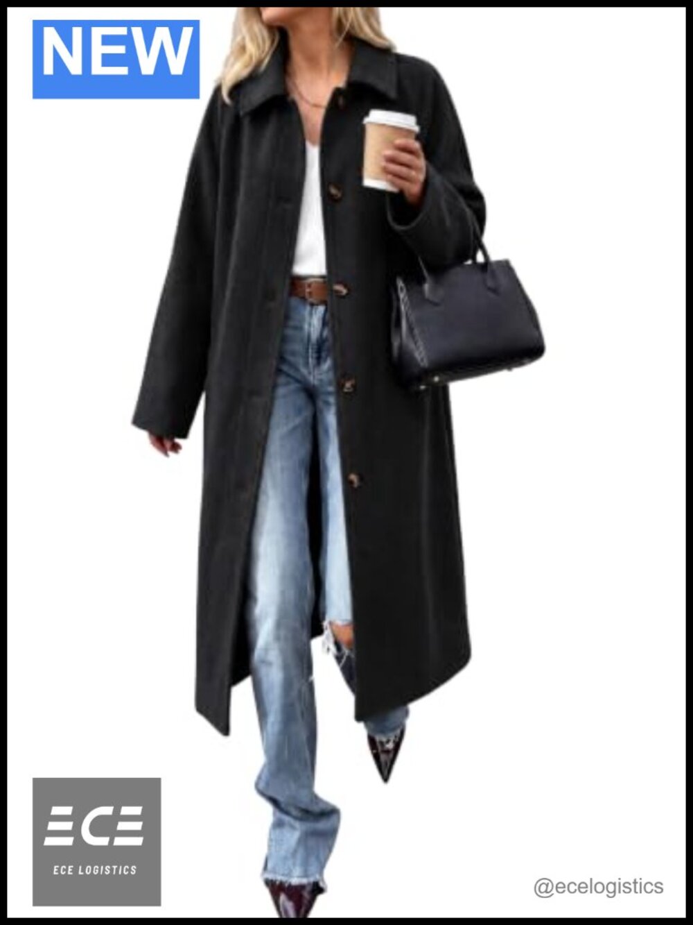 Oversized Long Pea Coat Single Breasted Lapel Winter Overcoat